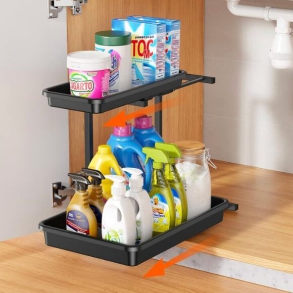 Under Sink Organizer Storage Pull Out 2 Tier Under Sink Countertop Black - Picture 1 of 5